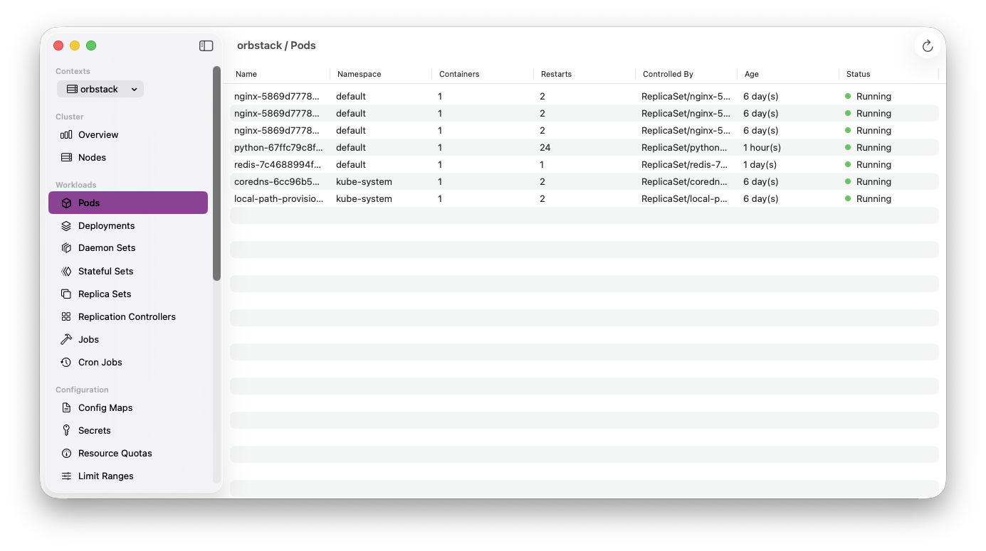 Rudderless light theme screenshot showing pods list view
